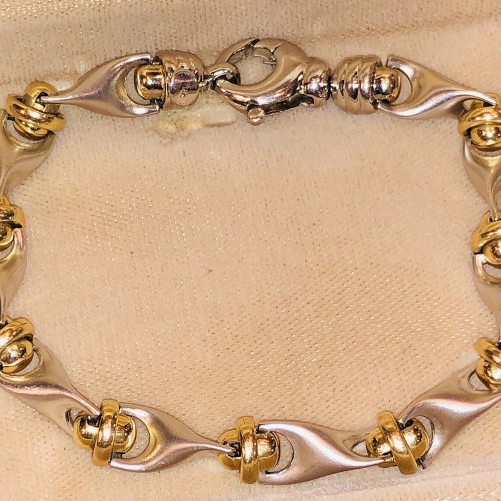 14 Kt White & Yellow Solid Gold Link Bracelet - Picture 8 of 9
